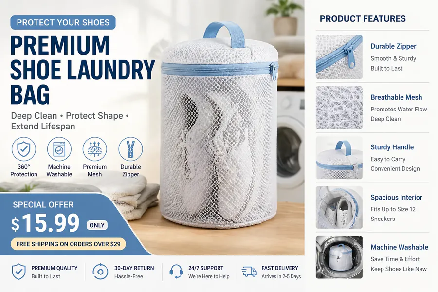 English shoe laundry bag packaging with product name and instructions