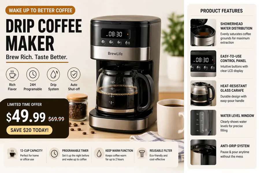 English drip coffee maker product listing with 31 spec bullets