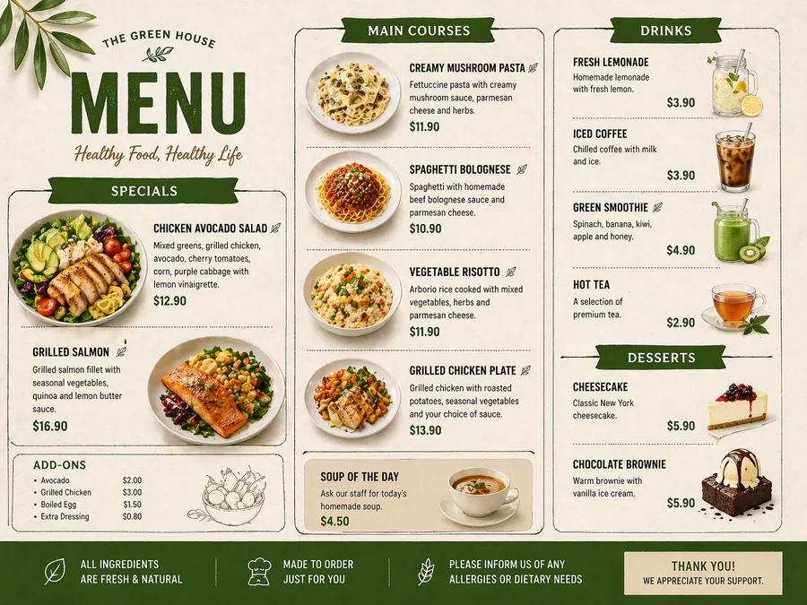English restaurant menu with dish names and prices