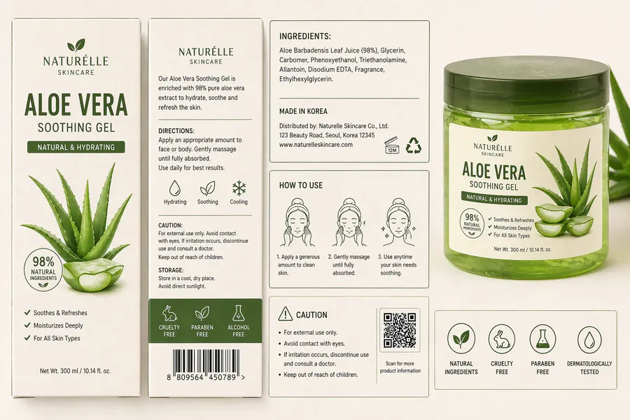 English skincare bottle label with ingredients and directions