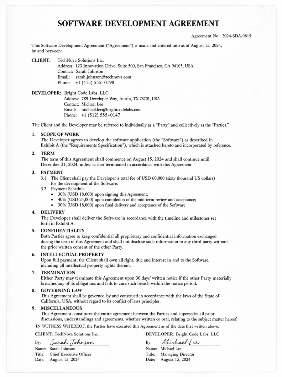 English software license agreement scanned document