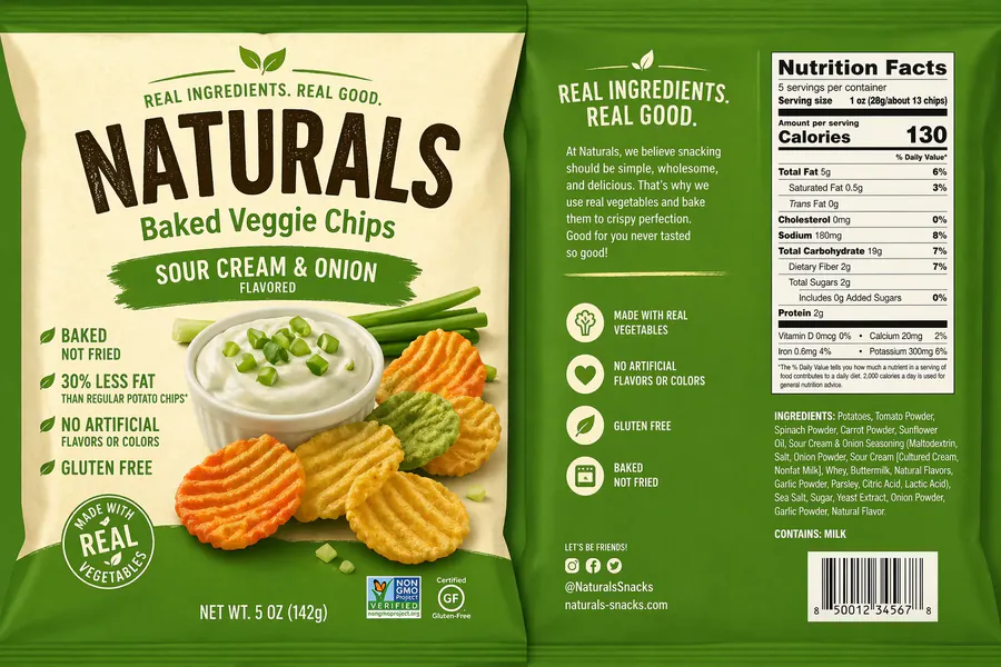 English snack bag packaging with nutrition facts and allergen list